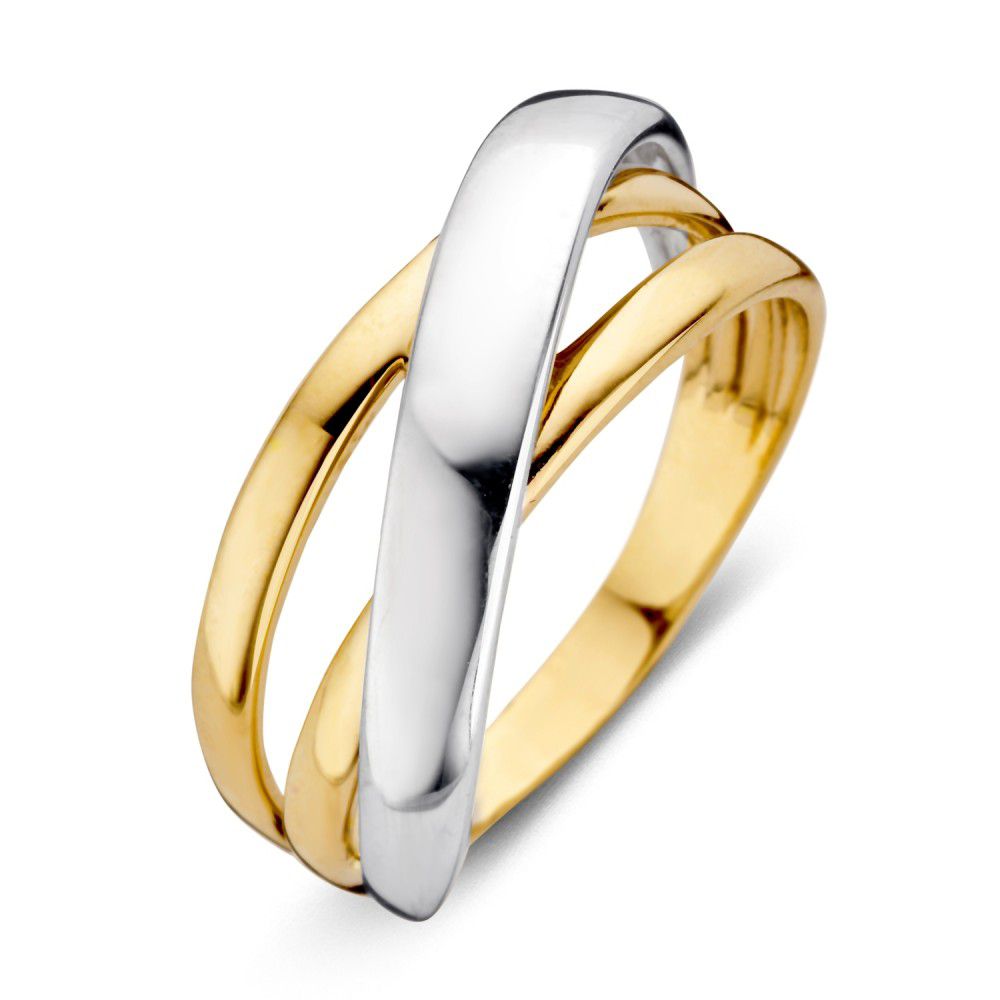 Bicolor Damenring aus 14 Karat Gold mit glänzendem, gewundenem Design in Gelbgold und Weißgold