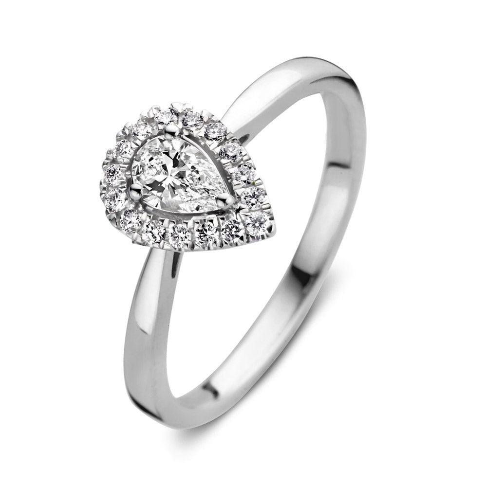 Ring aus Weißgold mit tropfenförmigem Zirkonia und kleinen, funkelnden Steinen