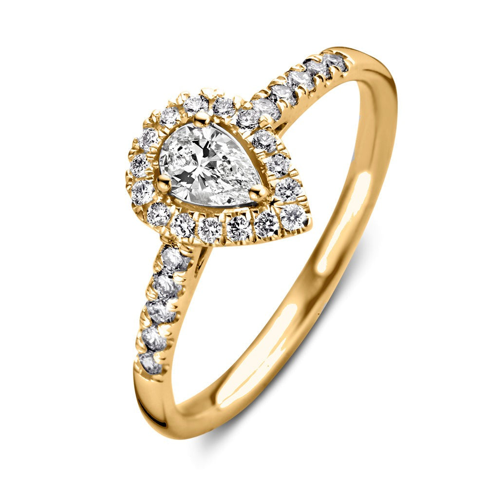 Ring aus Gelbgold mit herzförmigem Zirkonia und kleinen, runden Zirkonia-Steinen am Band
