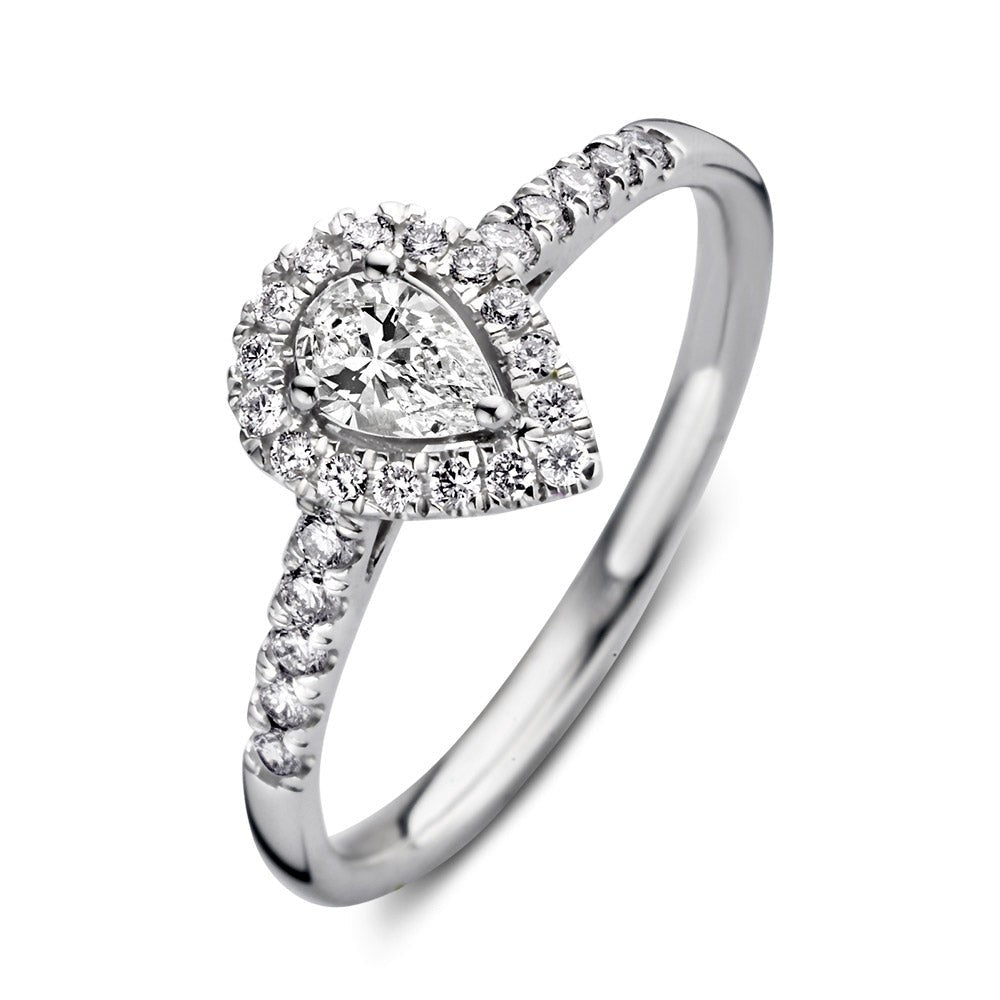 Ring aus Weißgold mit tropfenförmigem Diamanten und kleinen Brillanten am Band