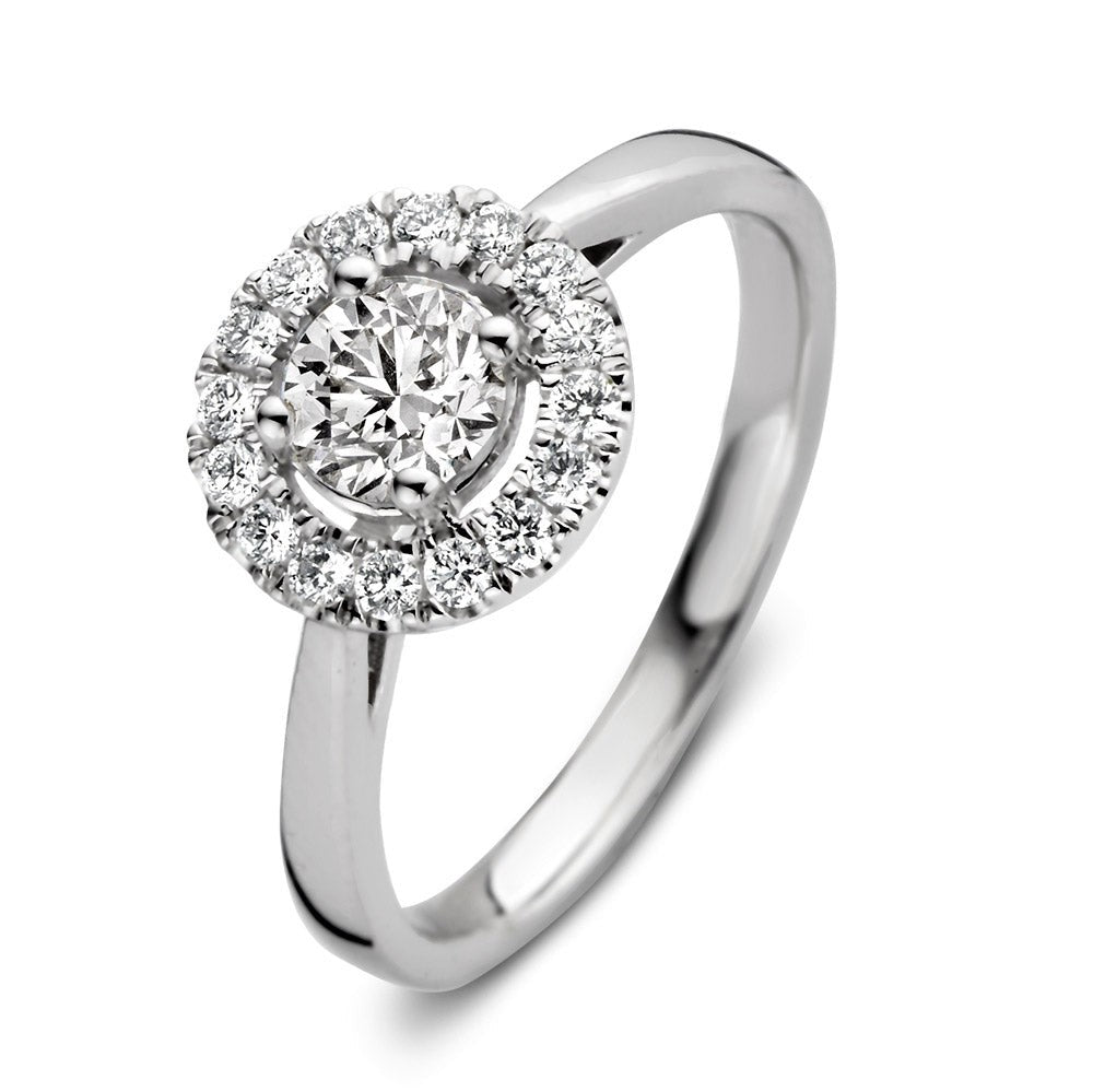 Ring aus Weißgold mit rundem, zentralem Diamanten und umlaufenden, kleinen Brillanten
