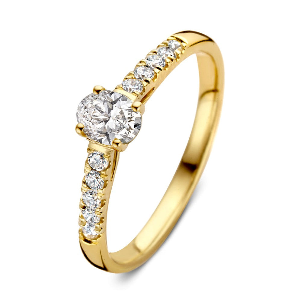 Ring aus Gelbgold mit rundem Diamanten und sieben kleinen Diamanten an der Seite