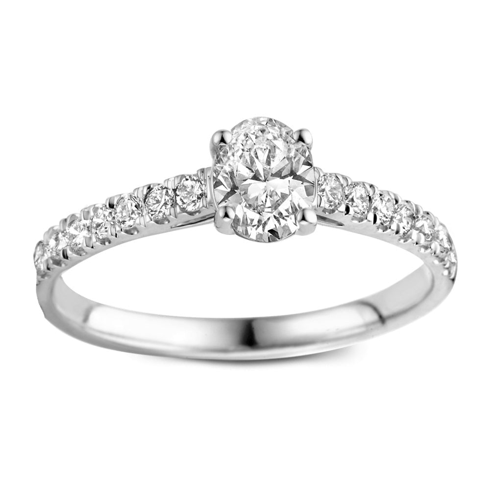Ring aus Weißgold mit ovalem Hauptstein und kleinen, runden Diamanten am Band