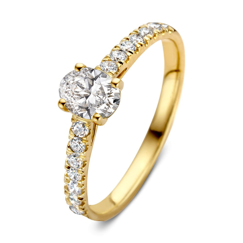 Ring aus Gelbgold mit einem runden Diamanten in der Mitte und kleinen Diamanten am Band