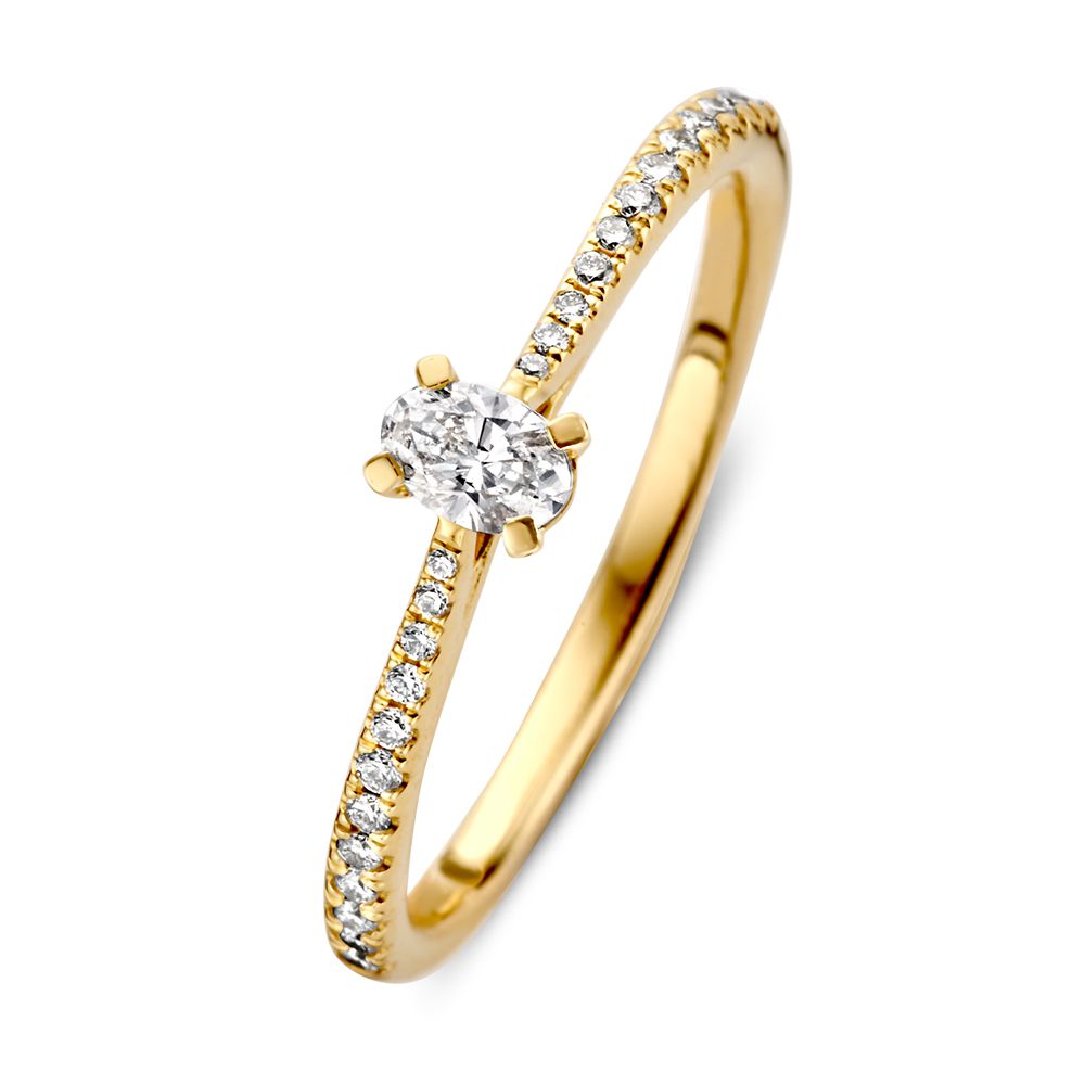 Gelbgoldene Solitär-Ring mit ovalem Diamanten und Brillanten, 14 Karat, 0,28 ct, H/SI-1 Qualität