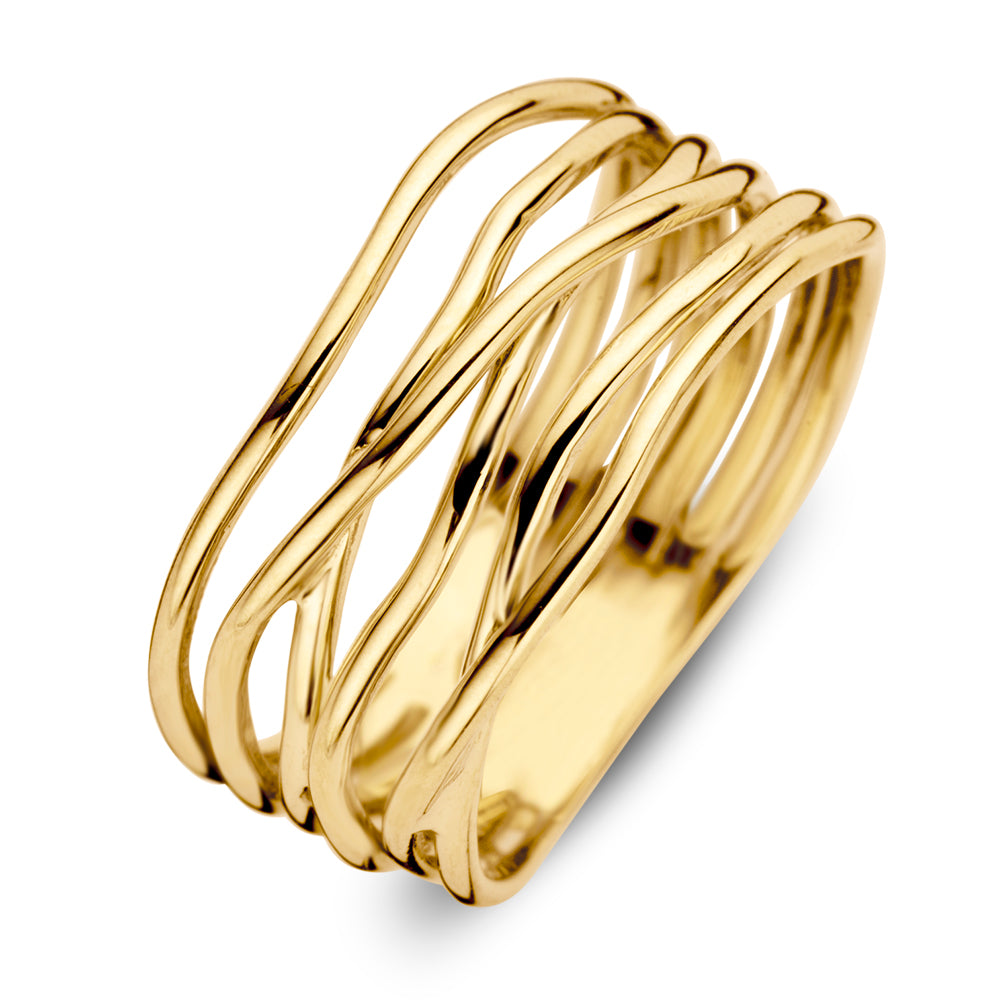 Breite Damenring aus 14 Karat Gelbgold mit geschwungenem Design und glänzender Oberfläche