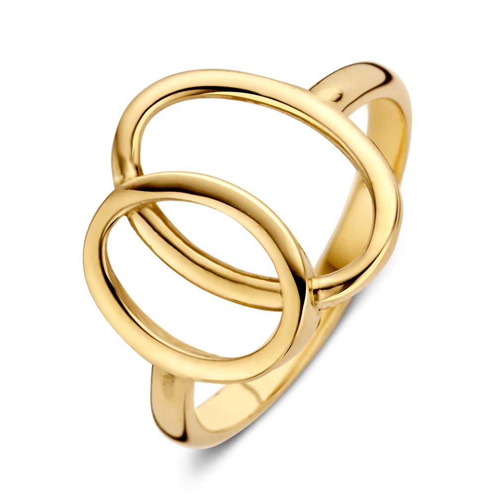 Damenring aus 14 Karat Gelbgold mit verspieltem Design und zwei ineinander verschlungenen Ovalen