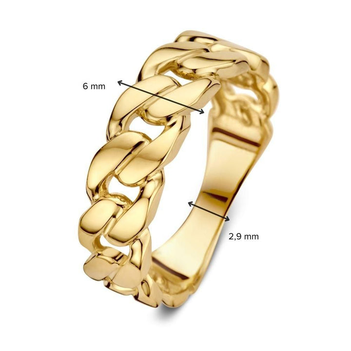 De 14 karaat geelgouden damesring van Excellent Jewelry heeft een eenvoudig ontwerp zonder steen, een breedte van 6 mm en een gewicht van 2,6 gram. De gepolijste afwerking geeft deze minimalistische ring extra eikel.