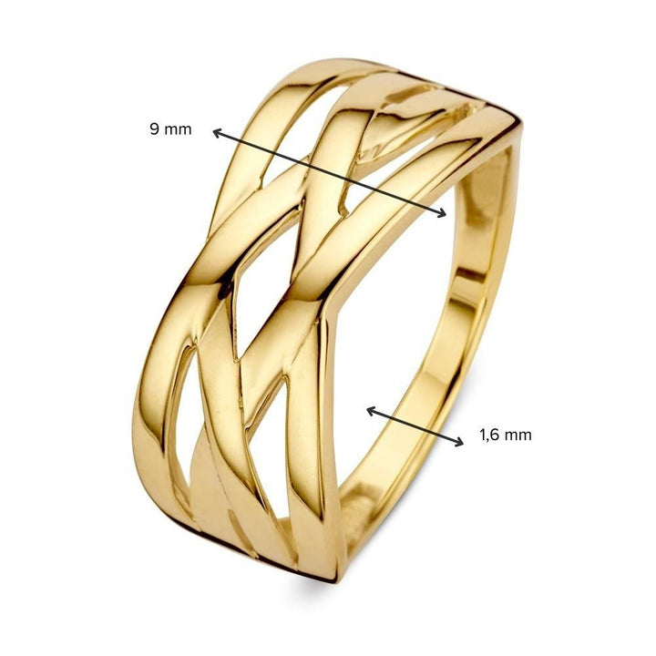 De Geelgouden Damesring van Excellent Jewelry, vervaardigd uit 14 karaat goud, kenmerkt zich door een eenvoudig en elegant ontwerp met een opengewerkt patroon. Rassen variëren van 9 mm tot 1,6 mm.