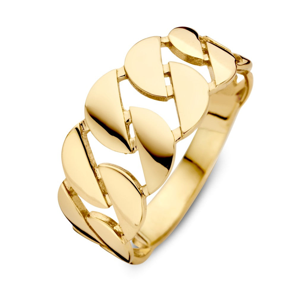 Breite flache Schalenring aus 14 Karat Gelbgold, 9,4 mm breit mit glänzender Oberfläche