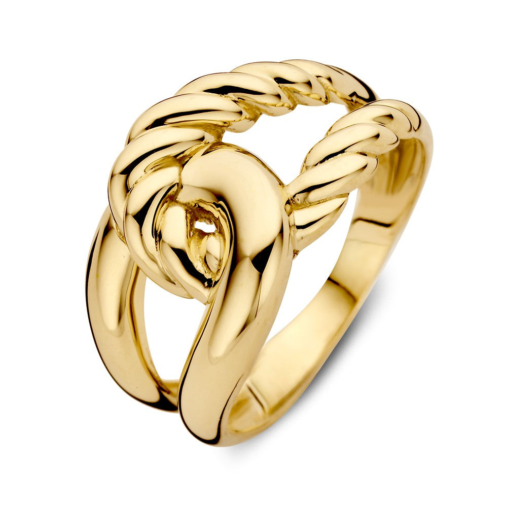 Gelbgoldener Ring mit gedrehter Knotenform, 14kt Gold, 12 mm breit, glänzende Oberfläche