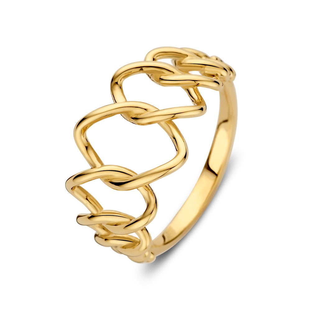 Ring aus 14kt Gelbgold mit offenem Design, 12 mm breit und 2,7 Gramm schwer