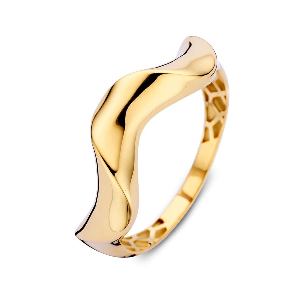 Ring aus Gelbgold mit organischer, spielerischer Twist-Form und glänzender Oberfläche