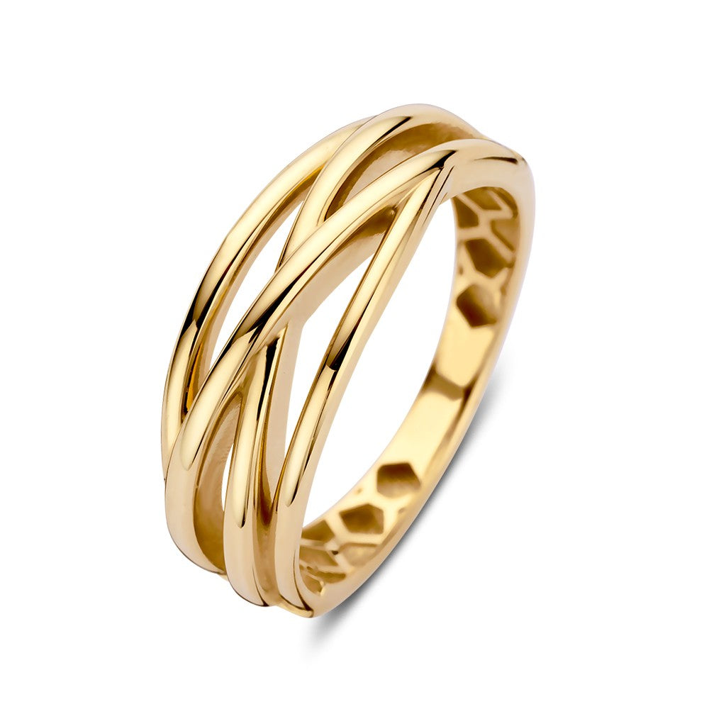 Crossover-Ring mit vier goldenen Bändern und glänzender Oberfläche