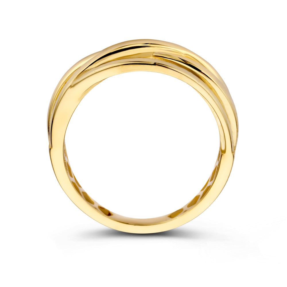 Verspielter Crossover-Ring mit vier Goldbändern – ein subtiles, stilvolles Statement