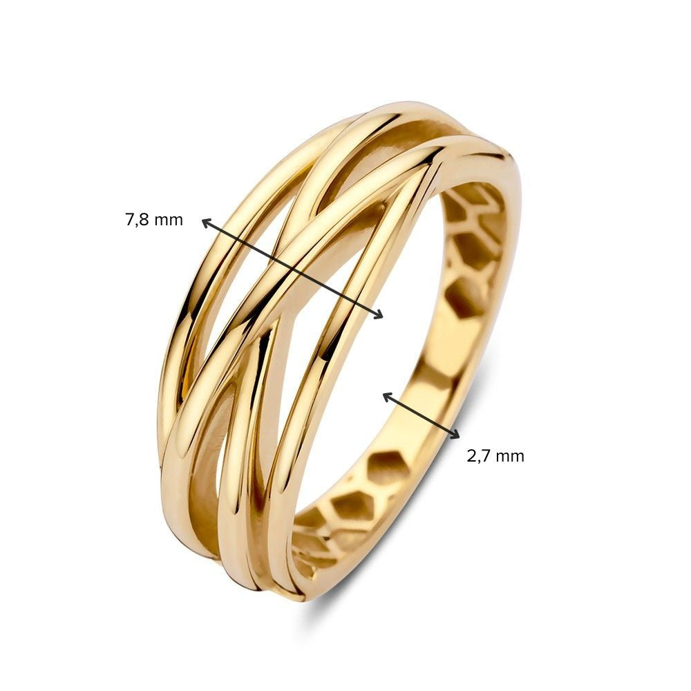 Verspielter Crossover-Ring mit vier Goldbändern – ein subtiles, stilvolles Statement