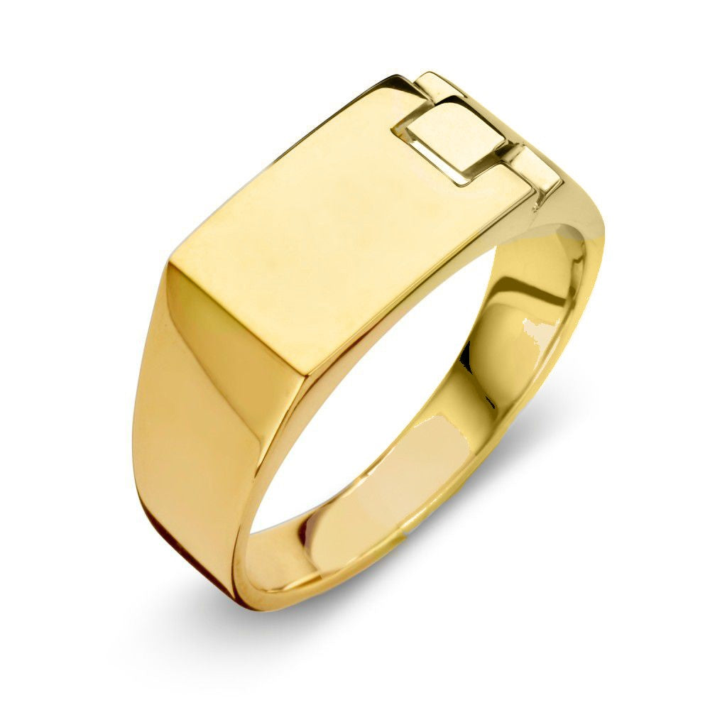 Robuste Herrenring aus 14 Karat Gelbgold mit quadratischem Detail und polierter Oberfläche