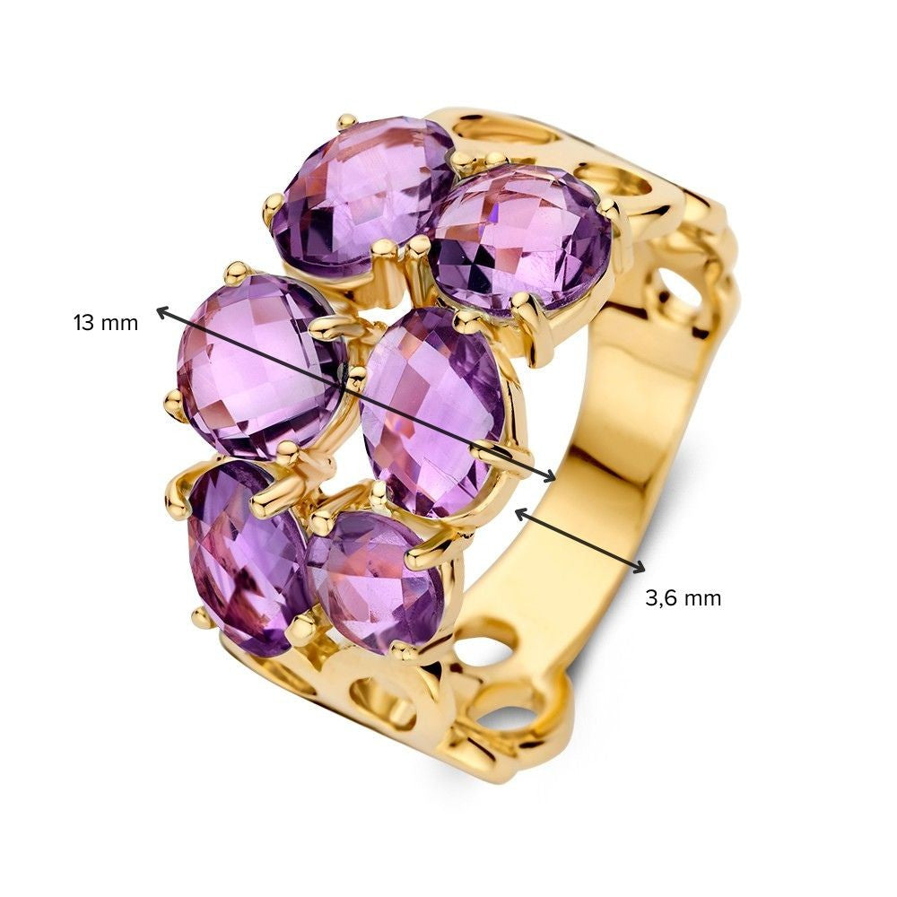Einzigartiger Gelbgoldring mit organischem Muster und lila Amethysten