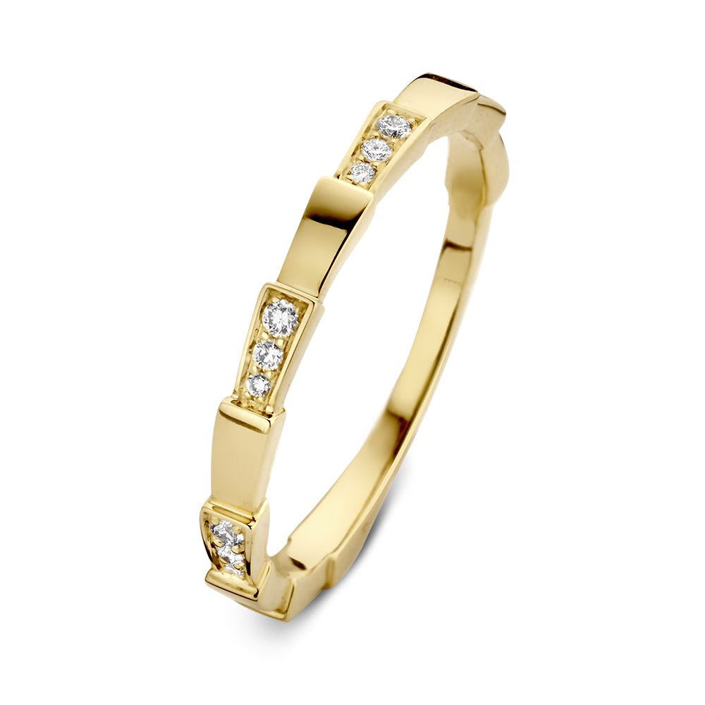 Schmale Gelbgoldring mit fünf kleinen Diamanten, Teil einer Set, glänzende Oberfläche