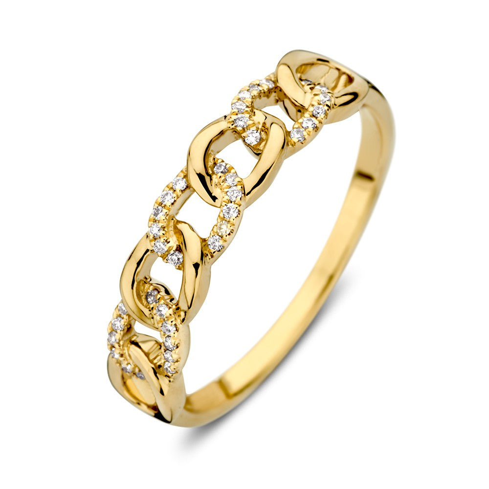 Gelbgoldene Schakelring mit Diamanten, 14-Karat, für Damen, mit glänzender Oberfläche