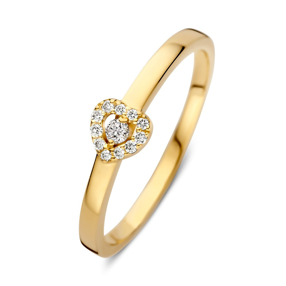 Gelbgoldener Ring mit herzförmigem Design und einem zentralen Diamanten, umgeben von kleinen Steinen