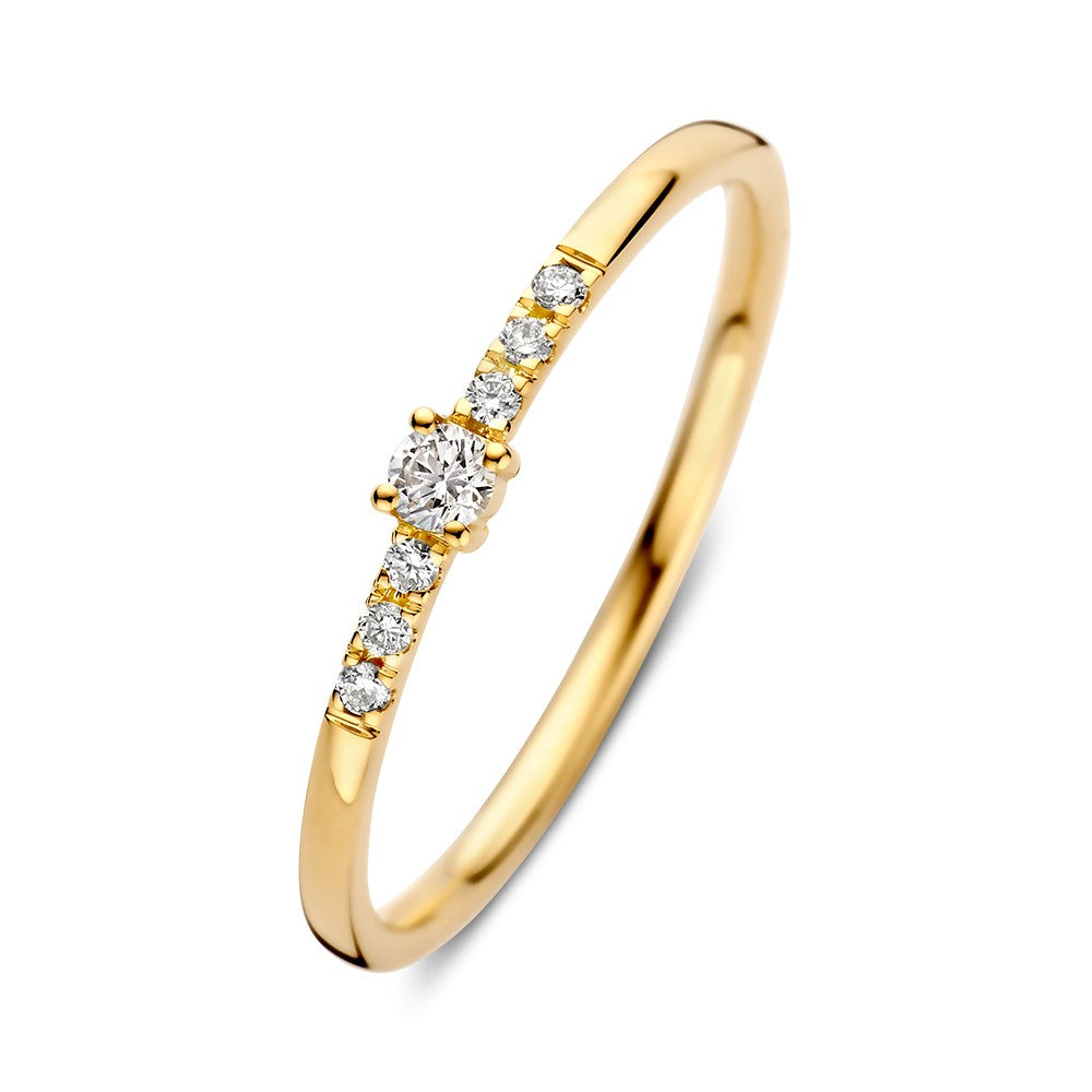Ring aus Gelbgold mit einem Brillanten von 0,09 ct und sieben kleinen Diamanten entlang des Bandes