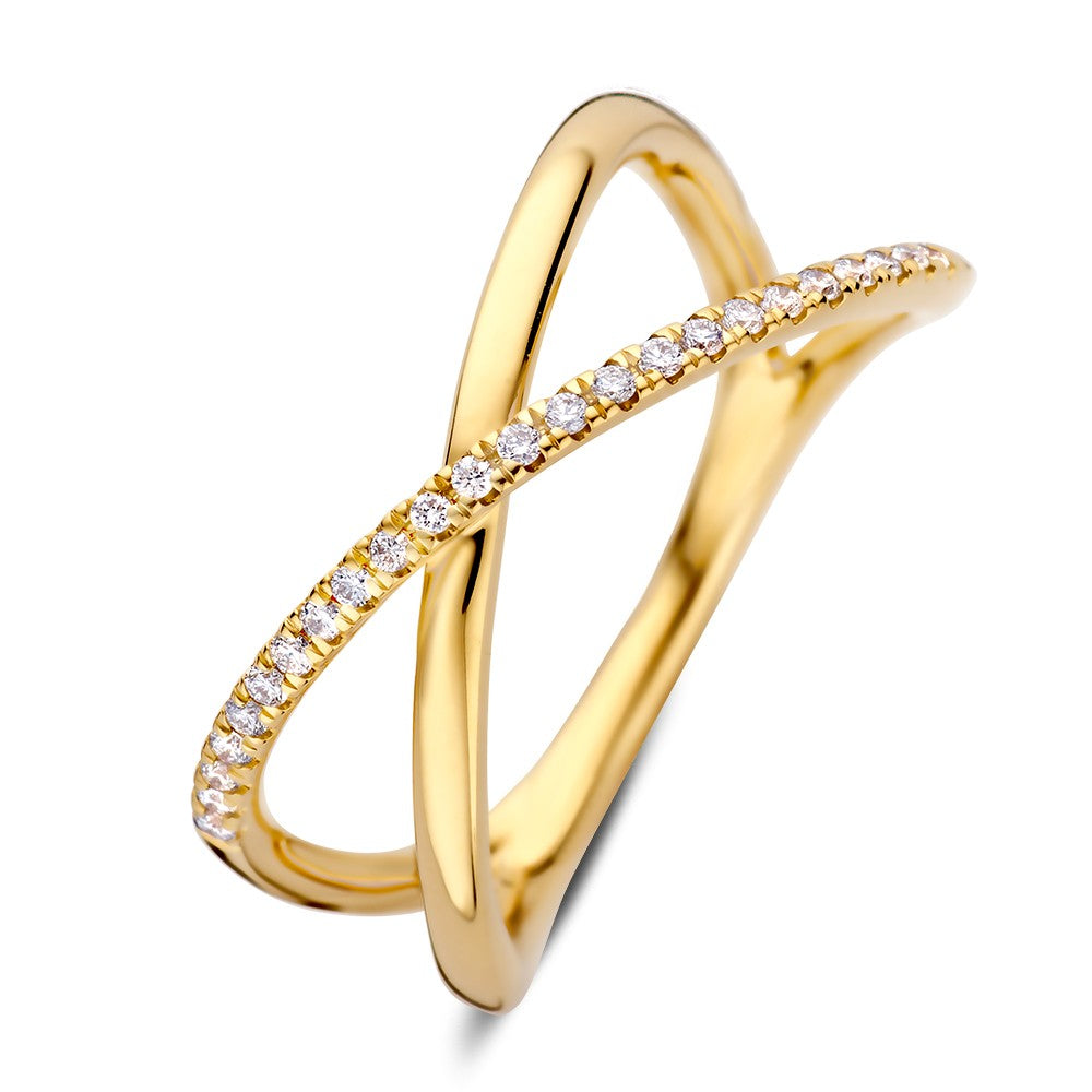 Ring aus Gelbgold mit Brillanten, 0,12 ct, in geschwungener Form mit funkelnden Steinen