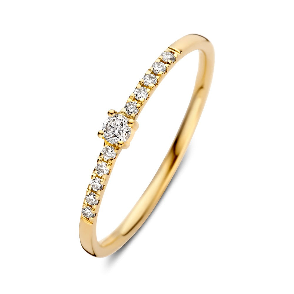 Ring aus Gelbgold mit einem Brillanten von 0,12 ct und weiteren kleinen Steinen entlang des Rings
