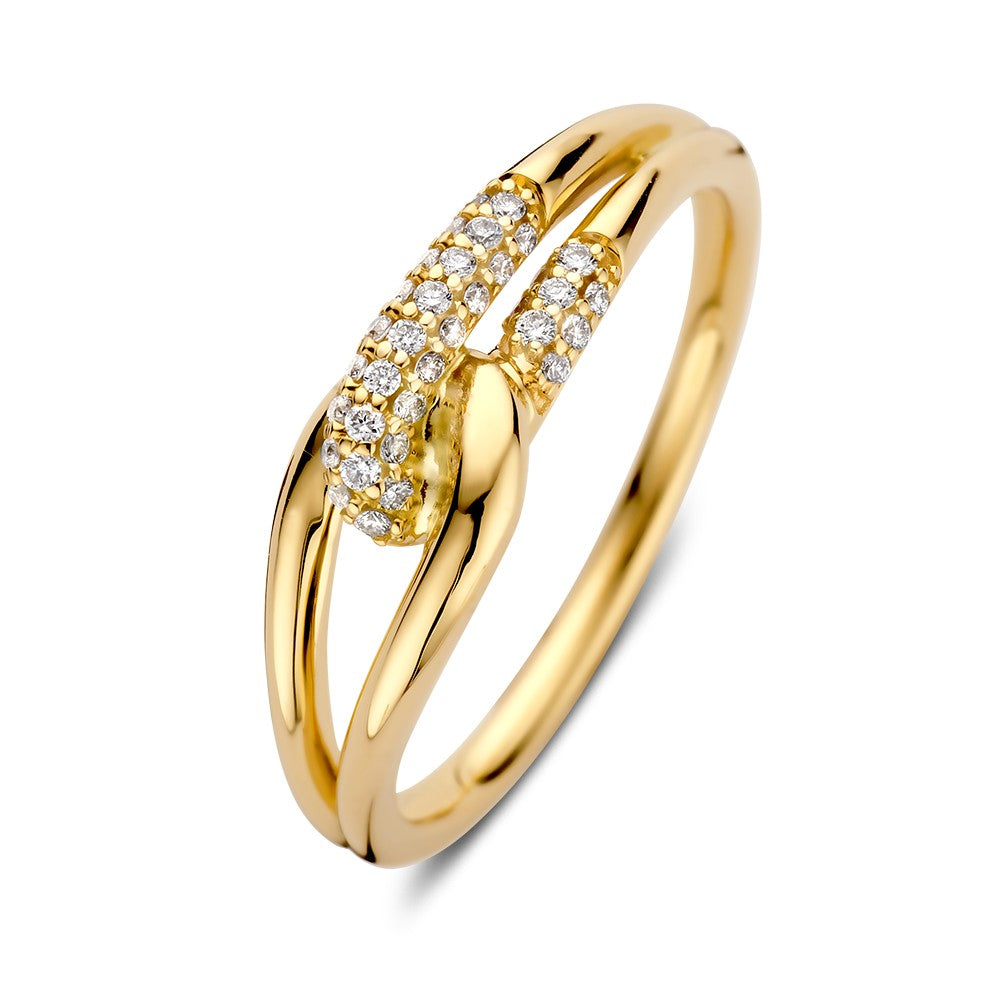 Ring aus Gelbgold mit Brillanten, 0,14 ct, geschwungene Form und funkelnde Details