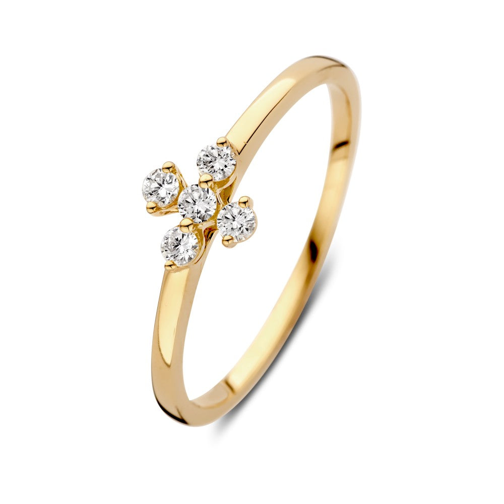 Ring aus gelbem Gold mit floralem Design und fünf funkelnden Diamanten von 0,15 ct