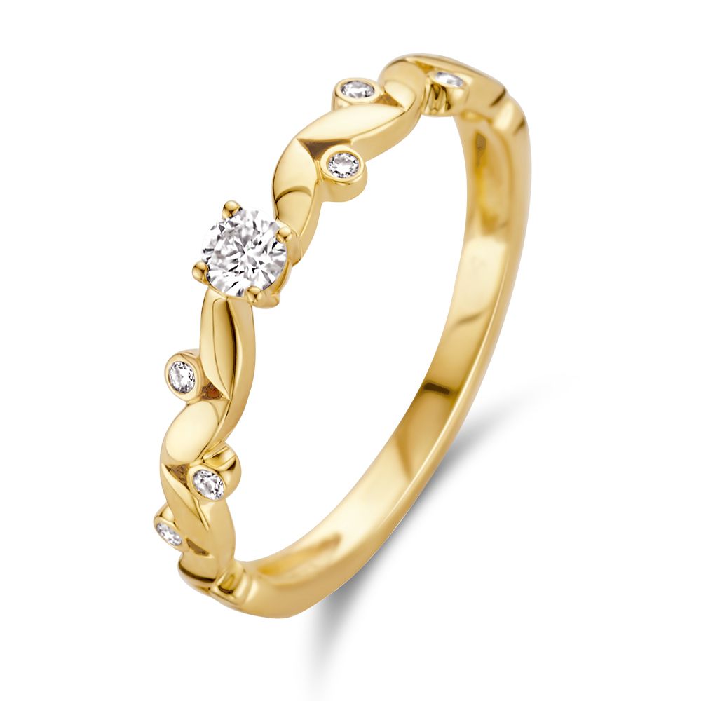 Eleganter Ring aus Gelbgold mit 0,16 ct Brillant und kleinen Diamanten in geschwungener Form