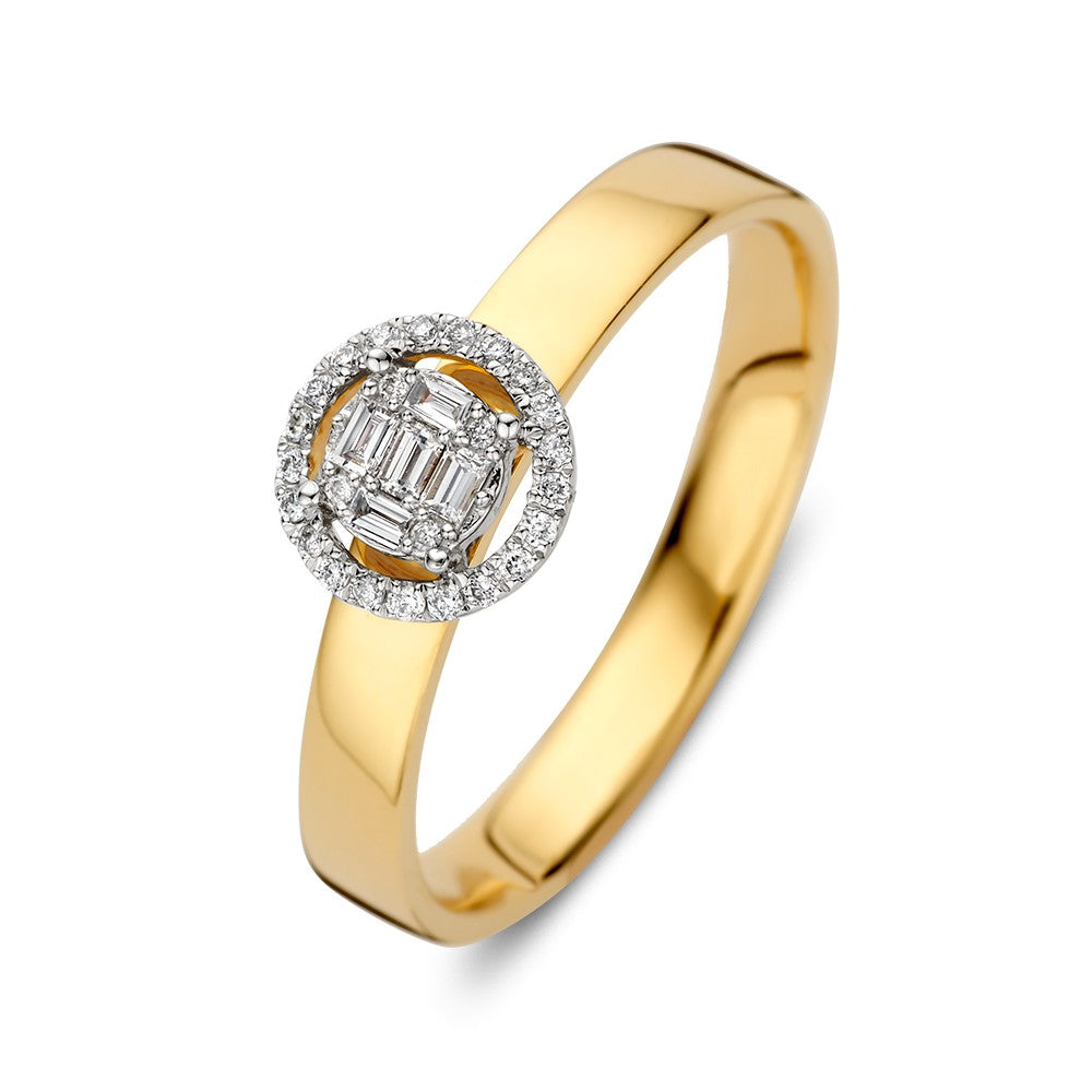 Eleganter Ring aus Gelbgold mit Brillanten und Baguette-Diamanten in unsichtbarer Fassung