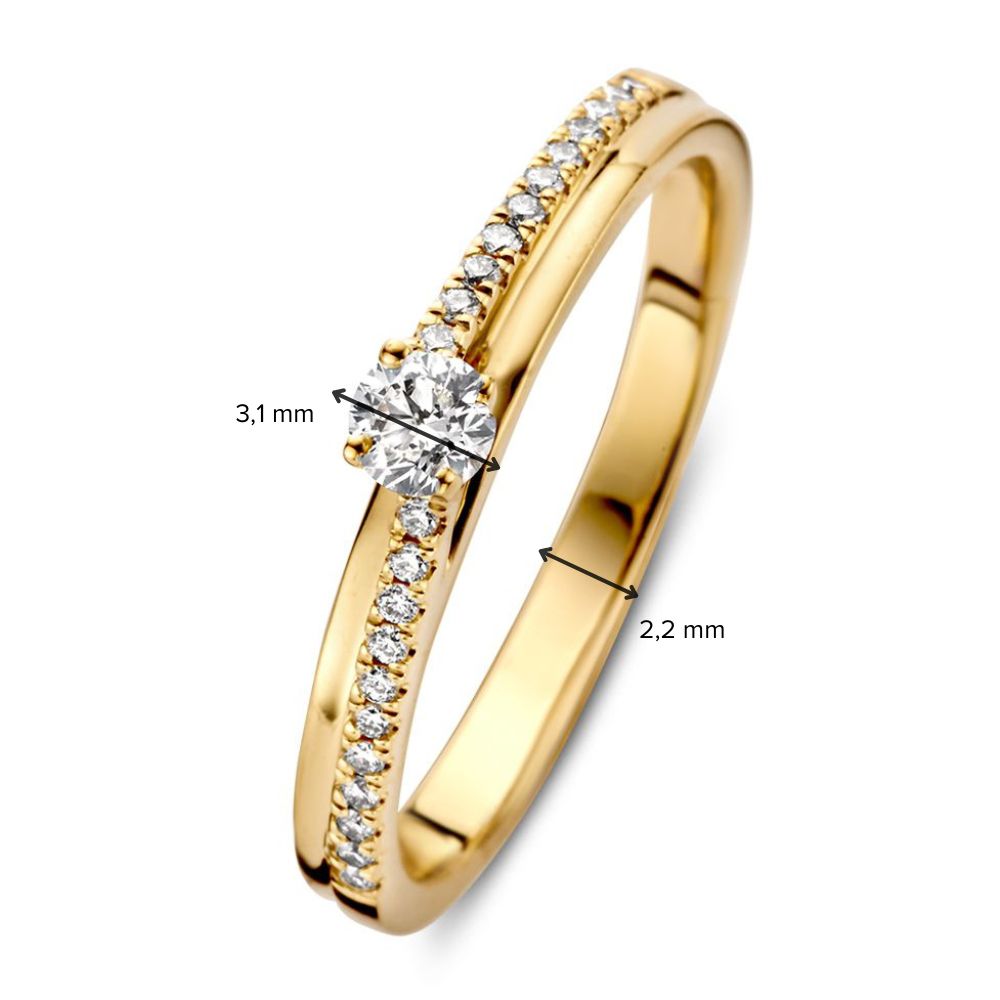 Eleganter Damenring aus Gelbgold mit Brillanten-Mittelstein und feineren Diamantbändern 0,21 ct.