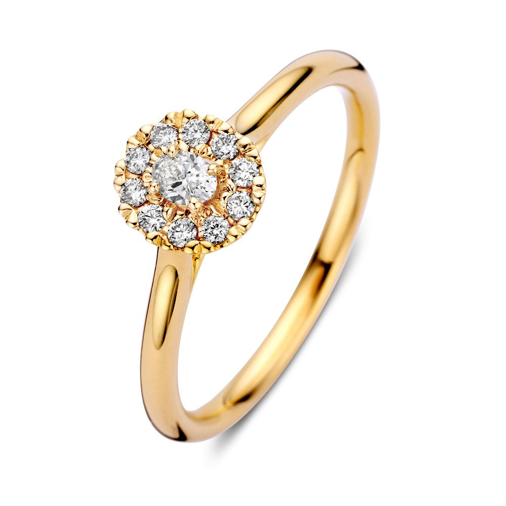 Ring aus 14-karätigem Gelbgold mit ovalem Hauptstein und Diamant-Halo aus kleinen Steinen