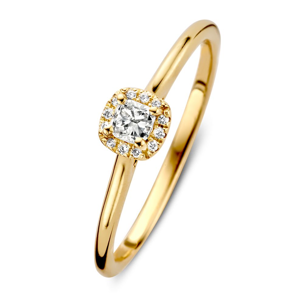 Eleganter Damenring aus Gelbgold mit quadratischer Brillanten-Umrandung und 0,24 ct. Hauptstein