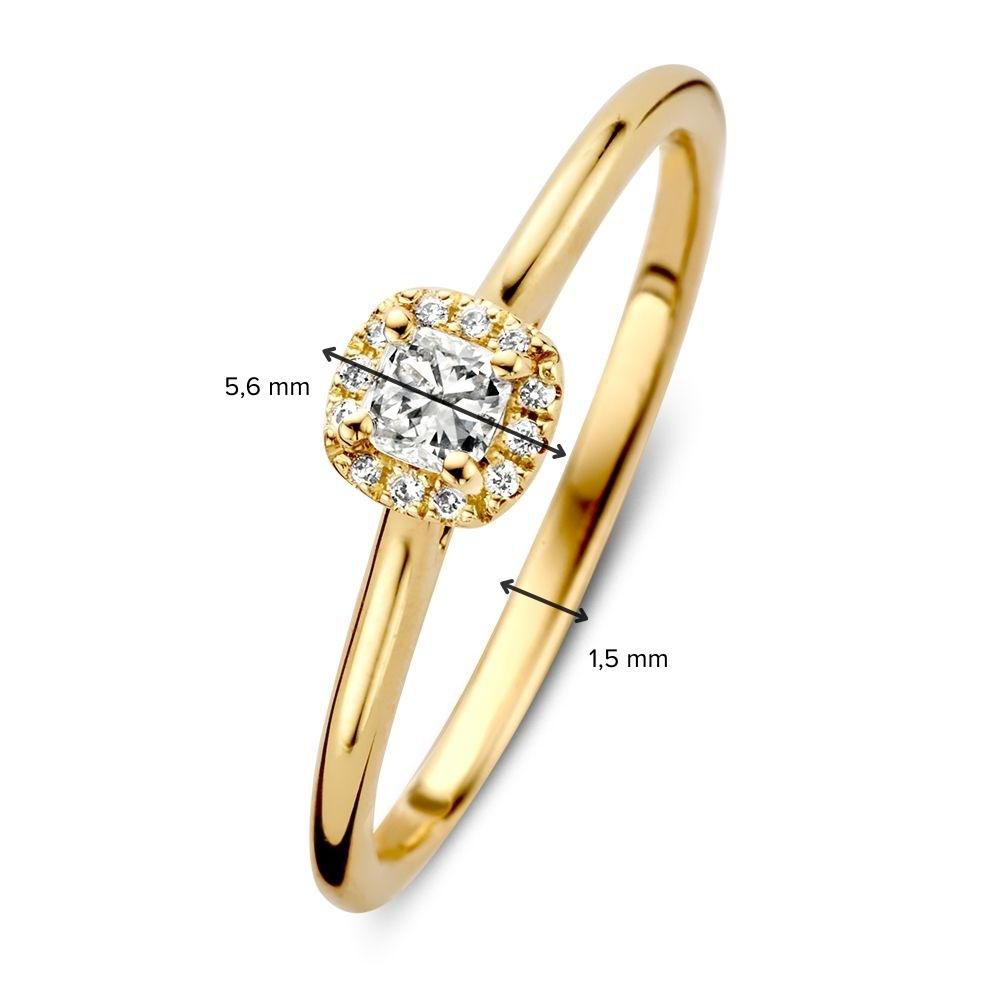 Eleganter Damenring aus Gelbgold mit brillantem Mittelstein in quadratischer Entourage-Fassung 0,24 kt.