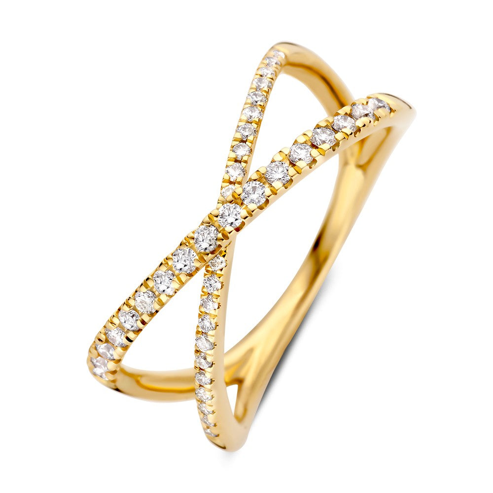Ring aus Gelbgold mit Brillanten, 0,30 ct, in X-Form mit funkelnden Steinen