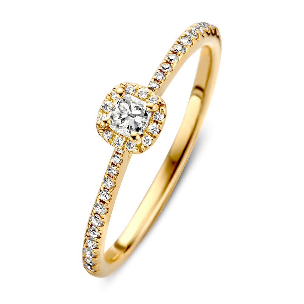 Damenring aus 14-karätigem Gelbgold mit princessgeschliffenem Diamanten und kleinen Zirkonia