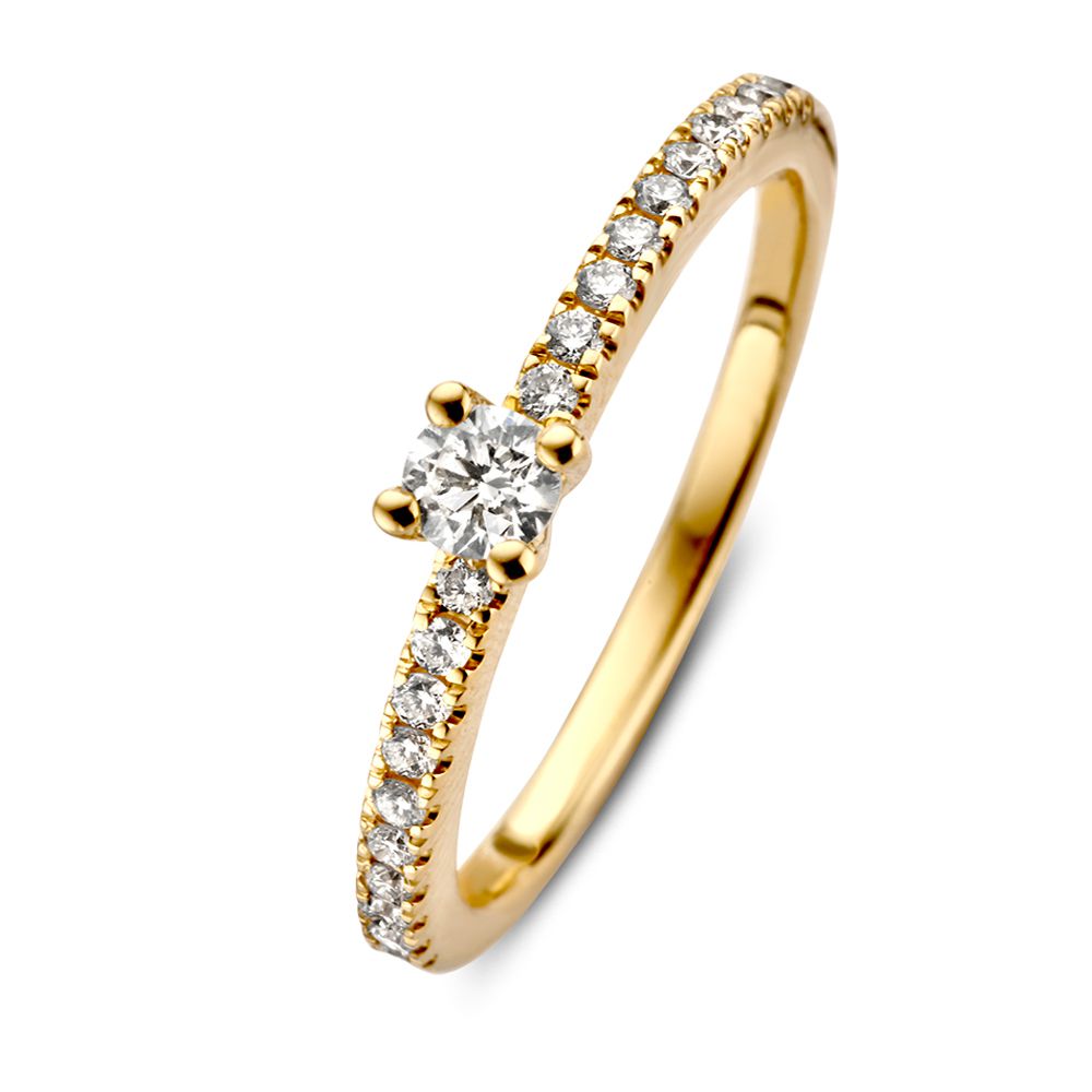 Gelbgoldene Solitär-Ring mit 0,32 ct Diamant und seitlichen Steinen, glänzende Oberfläche