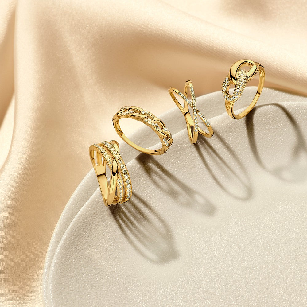Gelbgold-Crossover-Ring mit Diamant – 14 Karat Luxus für Damen