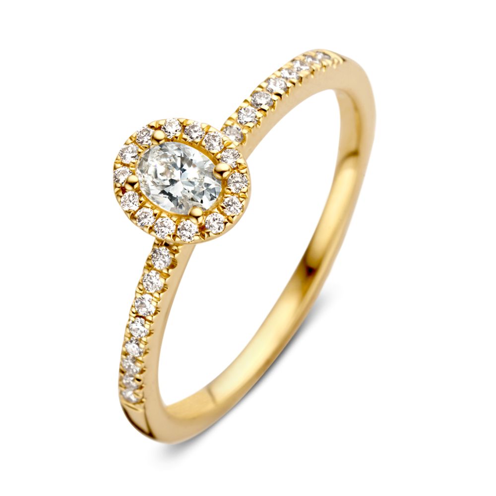 Eleganter Ring aus 14-karätigem Gelbgold mit ovalem Diamanten und Halo, besetzt mit kleinen Steinen