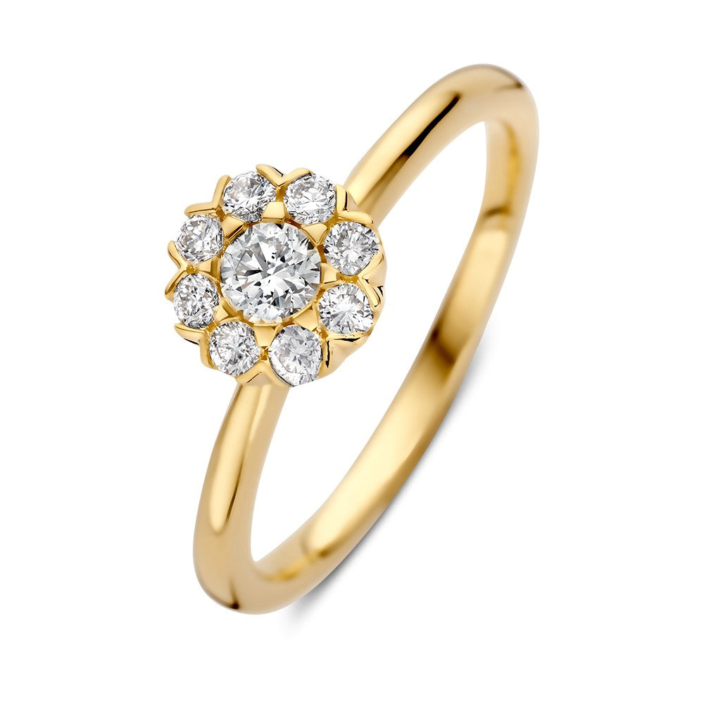 Ring aus Gelbgold mit Brillanten, zentraler Stein umgeben von weiteren Steinen