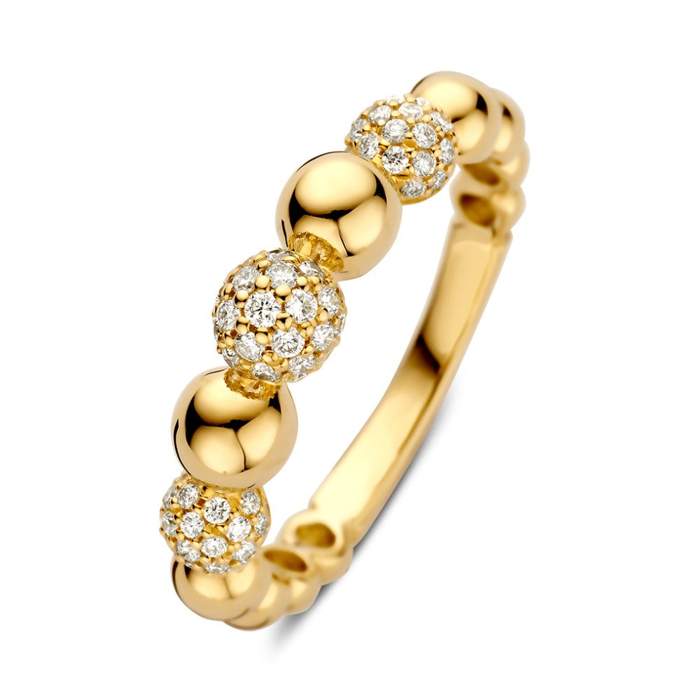 Eleganter Ring aus 14-karätigem Gelbgold mit drei diamantbesetzten Kugeln und glattem Band