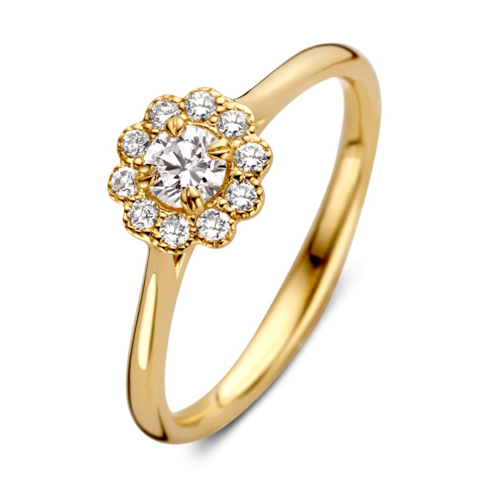 Vintage Entourage Ring aus 14 Karat Gelbgold mit einem zentralen Diamanten und umgebenden Brillanten