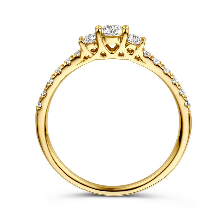 De Geelgouden Driesteens Ring met Extra Diamanten in de Scheen voor Maximale Schittering van Excellent Jewelry is een 14 karaat geelgouden ring met centrale ronde diamant, twee zijdiamanten en extra diamanten langs de band.