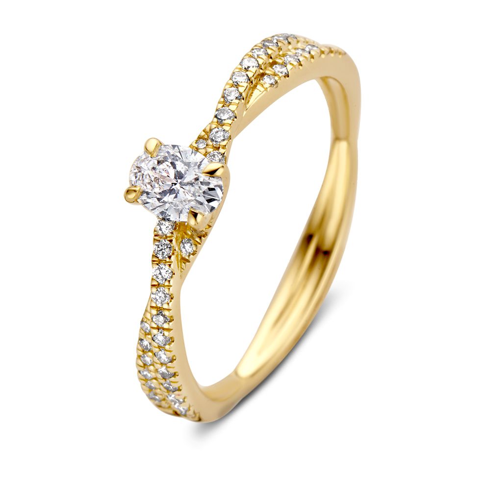 Eleganter Ring aus Gelbgold mit ovalem Hauptstein und funkelnden Diamanten 0,48 ct