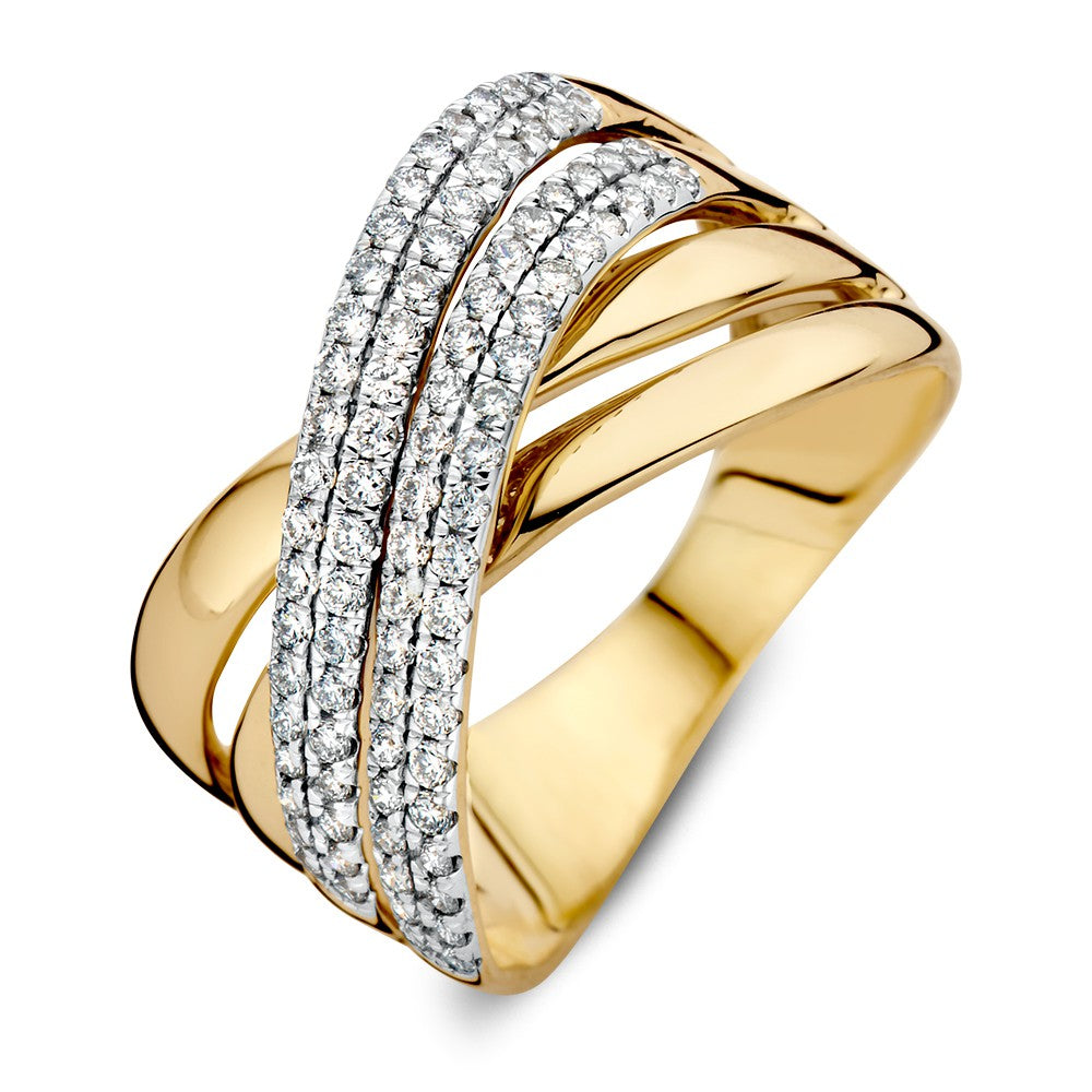 Besondere Crossover-Ring aus 14 Karat Gelbgold mit zwei Reihen von funkelnden Diamanten