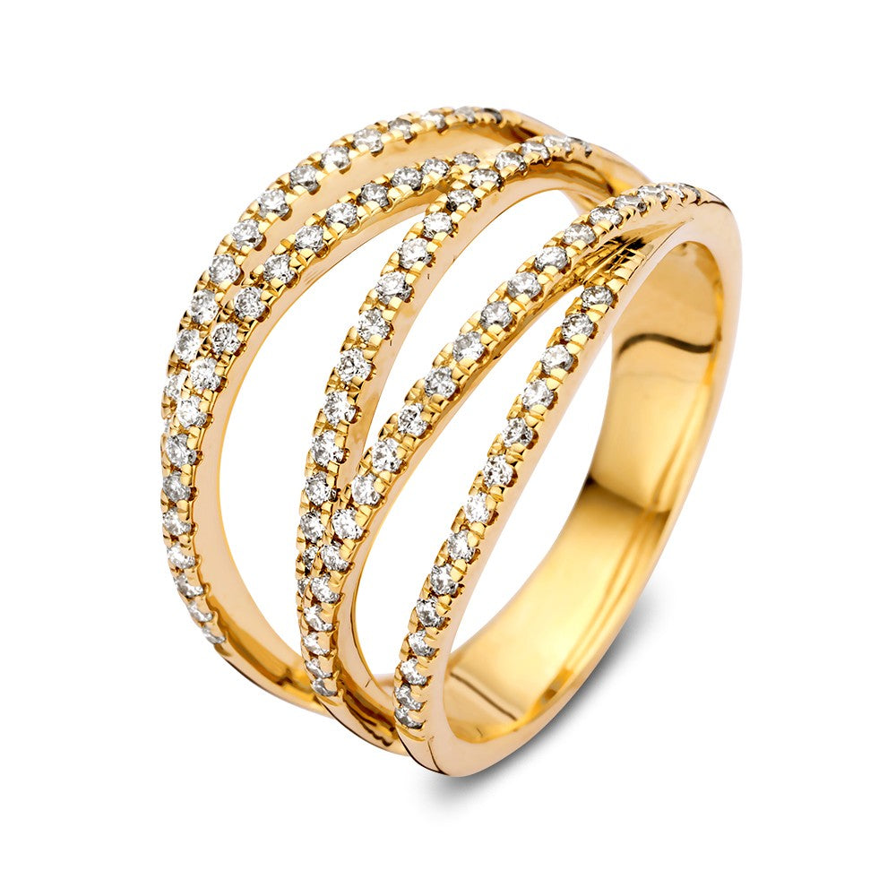 Ring aus 14-karätigem Gelbgold mit drei überlappenden Reihen, besetzt mit 0,53 ct Diamanten