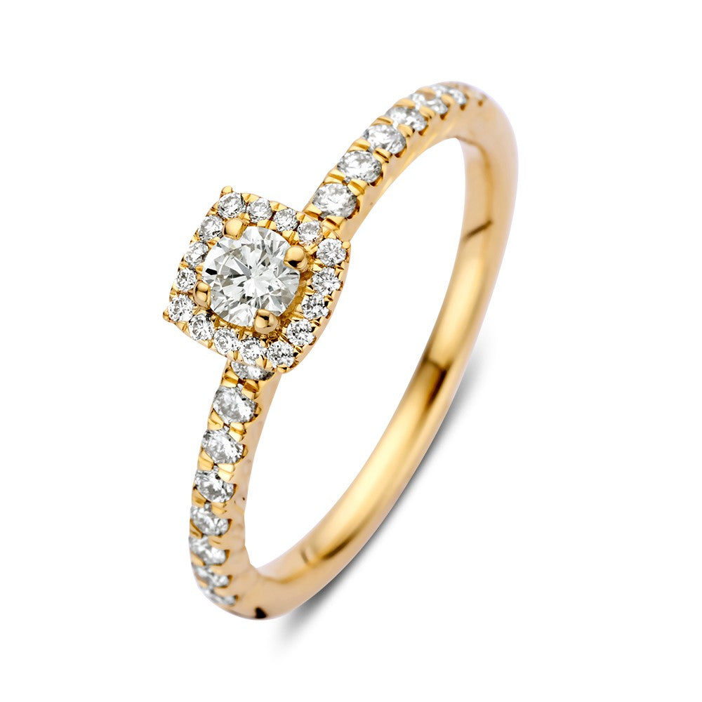 Ring aus 14 Karat Gelbgold mit quadratischer Diamant-Umrandung und Brillant, besetzt mit kleinen Steinen