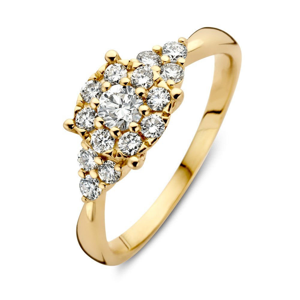 Gelbgoldene Entourage-Ring mit Brillanten, 14 Karat, 0,56 ct, ovaler Form und funkelnden Steinen